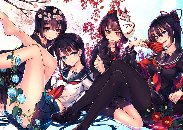 four female anime characters, original characters, anime girls, HD wallpaper