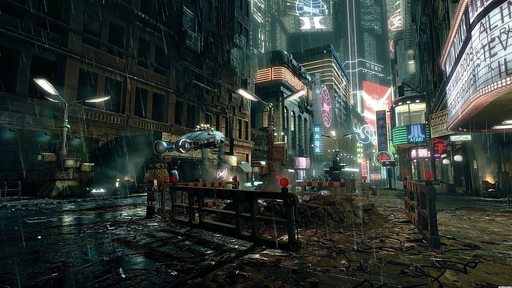 brown plank fence, cityscape, futuristic, Blade Runner, building exterior