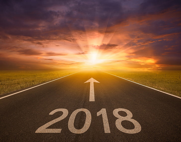 2018 road digital wallpaper, 2018 (Year), sky, sunset, sign, cloud - sky