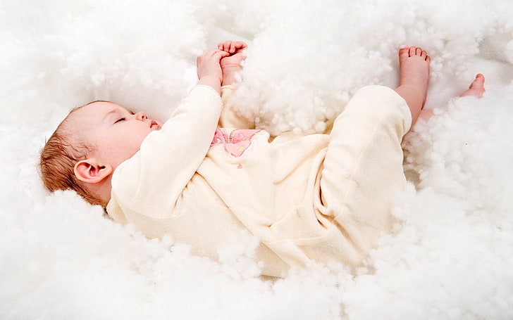 baby's beige onesie, sleep, cute, child, small, childhood, lying Down, HD wallpaper