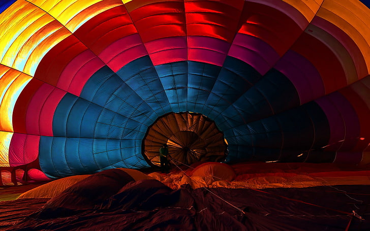 colorful, red, sunset, blue, yellow, pink, hot air balloons, HD wallpaper