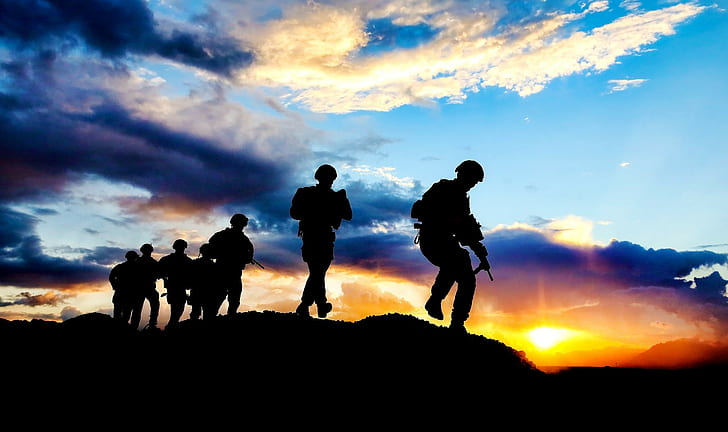 People, Soldier, Men, Sunset, Silhouette, 2560x1518, HD wallpaper