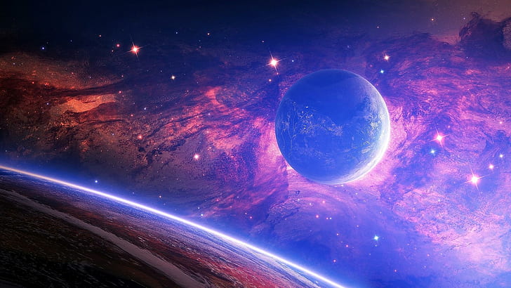 Beautiful space, nebula, blue, planet, cosmos, stars, pink, HD wallpaper