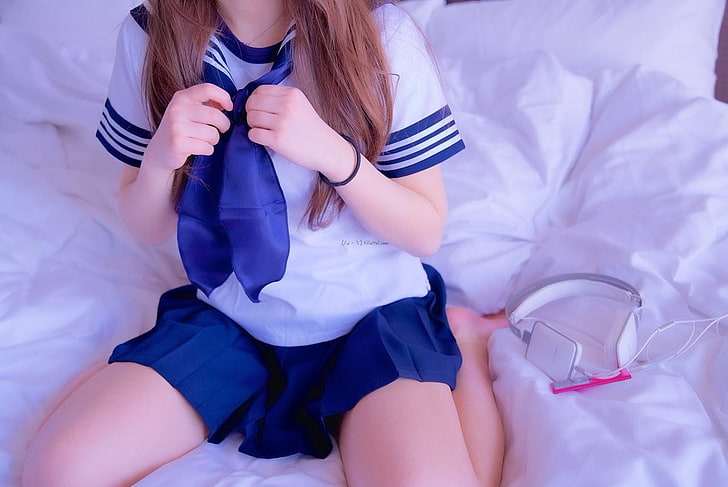 sailor uniform, bedroom, brunette, school uniform, Japanese women, HD wallpaper