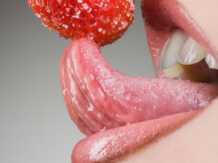 person's tongue, mouth, teeth, strawberry, red, food, freshness