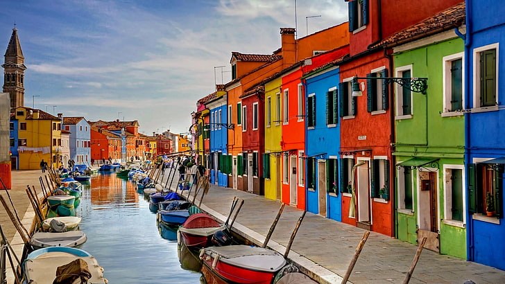 paint, home, boats, Italy, Venice, channel, Burano island, HD wallpaper