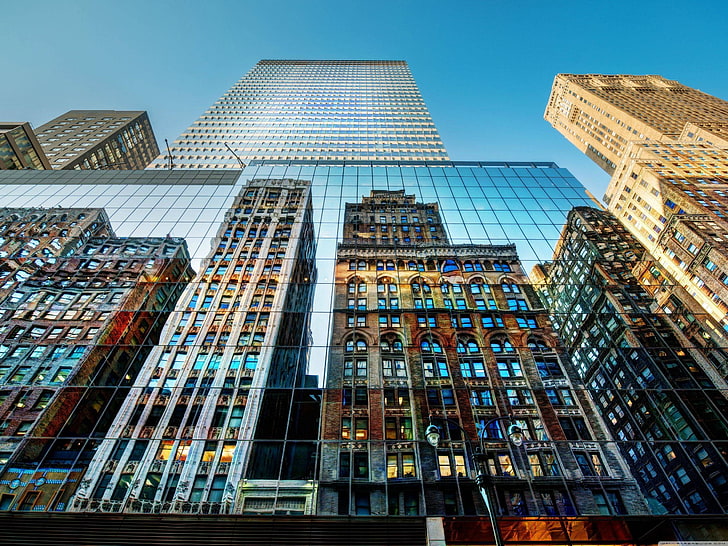 glass window high-rise building, city, reflection, skyscraper, HD wallpaper