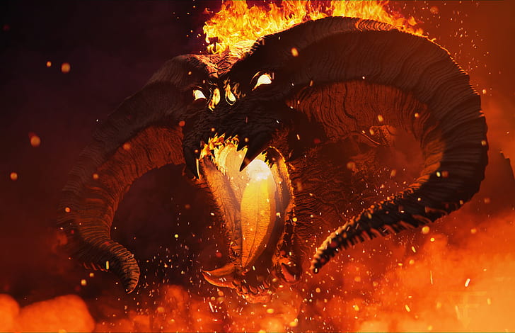 Balrog, demon, The Lord of the Rings, fantasy art, creature, HD wallpaper