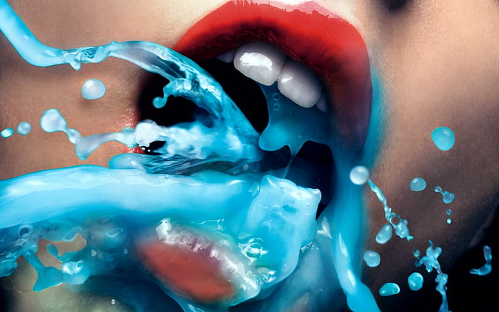 mouths, closeup, lips, teeth, red, blue, open mouth, liquid, HD wallpaper