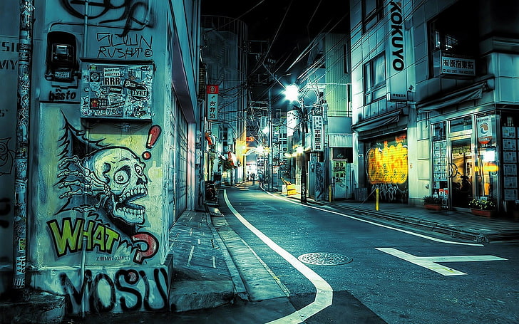 gray asphalt road, street, graffiti, night, urban, architecture, HD wallpaper