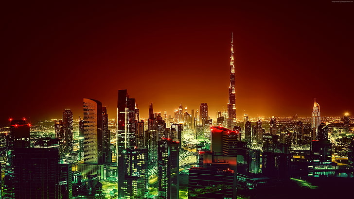 Night, Burj Khalifa, Cityscape, Dubai, 4K, building exterior, HD wallpaper