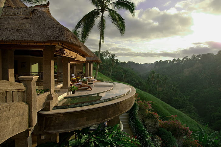 house, paradise, beautiful, palm trees, balcony, nature, HD wallpaper