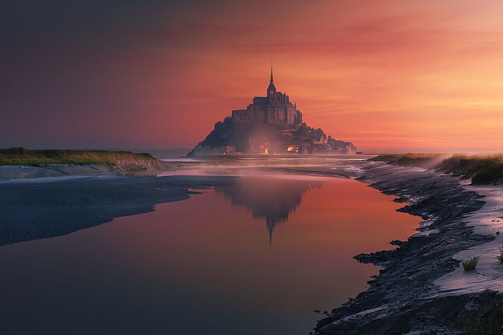 nature, photography, landscape, sunset, Mont Saint-Michel, France, HD wallpaper