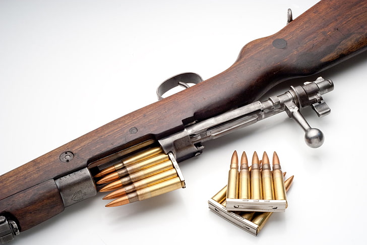 brown rifle, weapons, cartridges, shutter, Mauser, white background