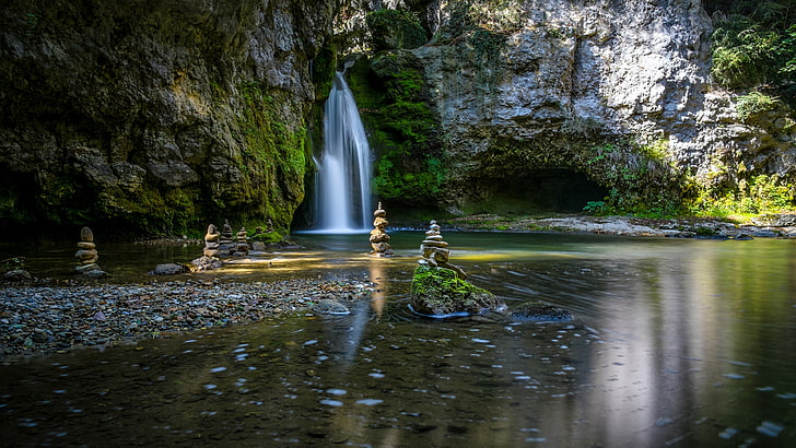 Jungle waterfall river summer sunshine 4K Ultra HD, rock, rock - object