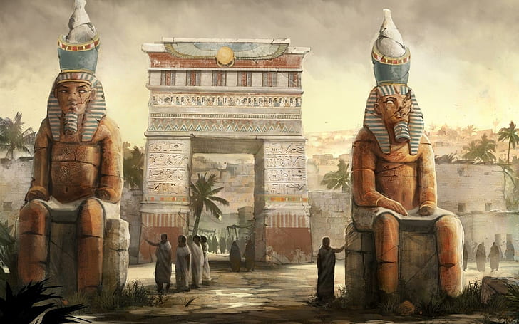 Egypt in his golden ages, 2 hindu deity statue, fantasy, 1920x1200