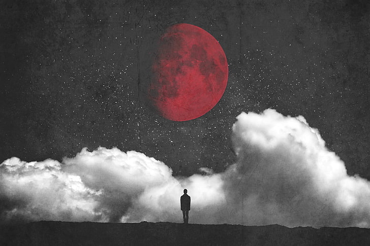 lunar eclipse illustration, fantasy art, Red moon, clouds, minimalism