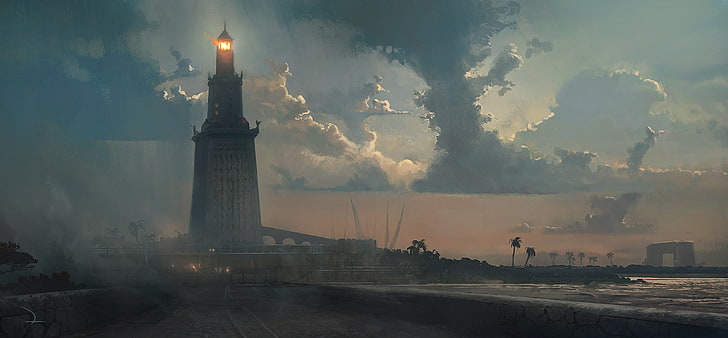 beige tower with light on top digital tower, Assassin's Creed: Origins