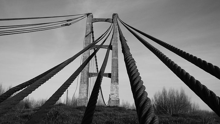 grayscale photo of rope, bridge, structure, black white, nature, HD wallpaper