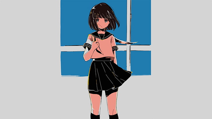 anime, anime girls, manga, window, gray background, simple background, HD wallpaper