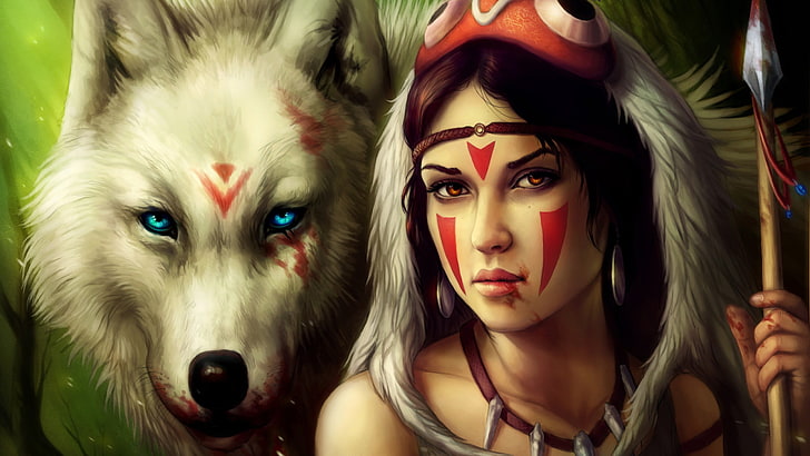 white wolf, digital art, artwork, Princess Mononoke, San, portrait