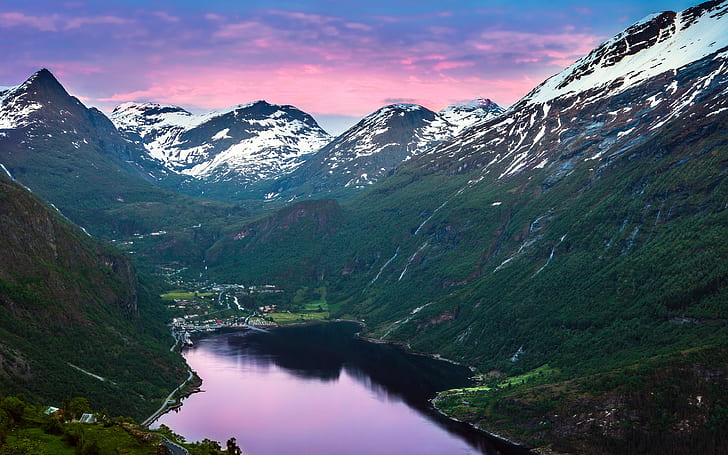 landscape, snow, lake, Norway, Geiranger, fjord, Geirangerfjord