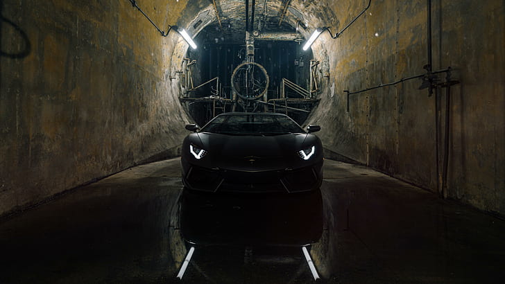 darkness, light, black car, tunnel, lamborghini aventador, supercar