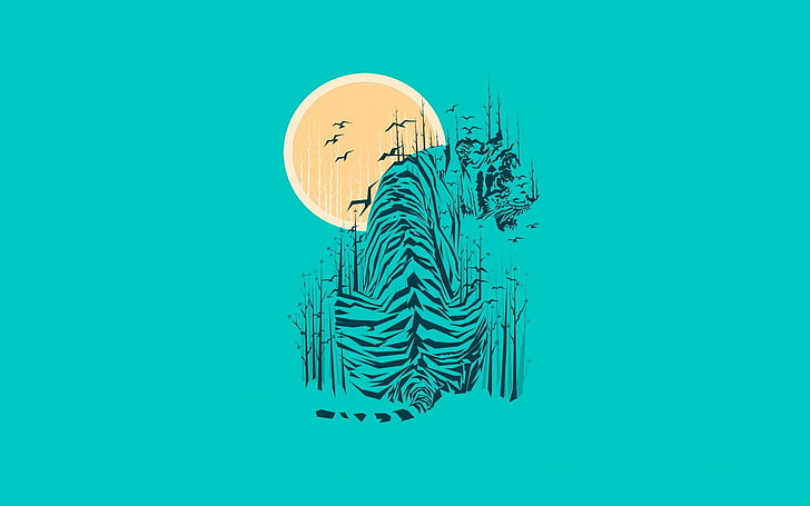 tiger and full moon painting, artwork, animals, creativity, colored background
