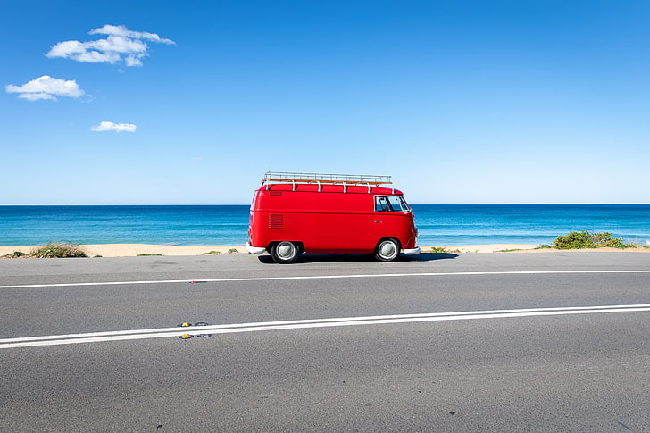 combi, Volkswagen, car, road, sky, beach, sea, outdoors, transportation, HD wallpaper
