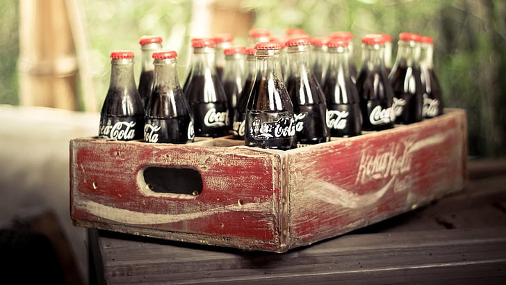 coca cola, brown, red, whit, food, food and drink, container, HD wallpaper