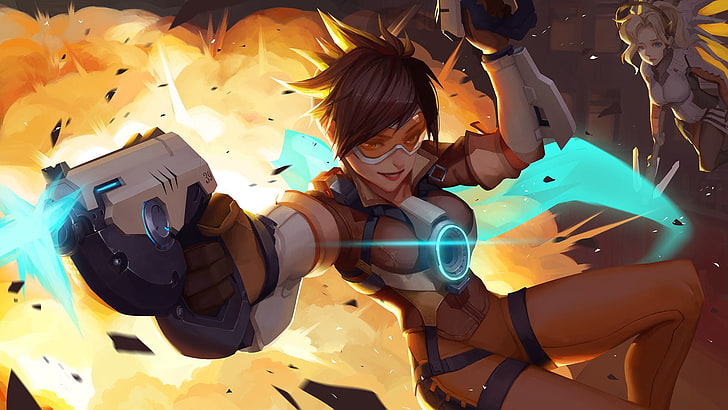 Tracer from Overwatch illustration, Tracer (Overwatch), Mercy (Overwatch), HD wallpaper