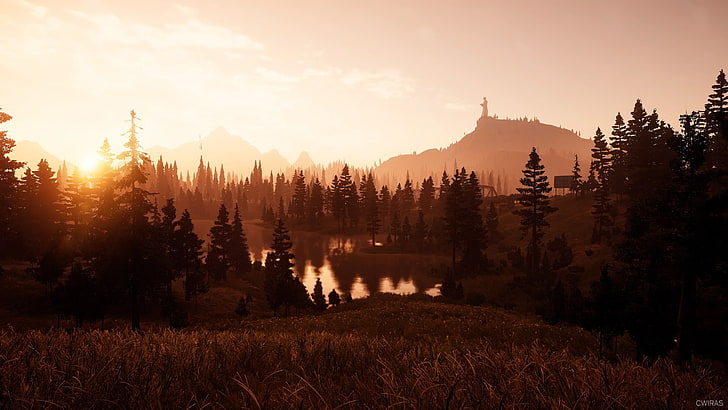 trees near body of water overlooking mountain, PlayStation, Far Cry, HD wallpaper