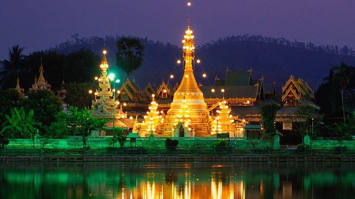 landscape, architecture, Thailand, night, illuminated, religion, HD wallpaper
