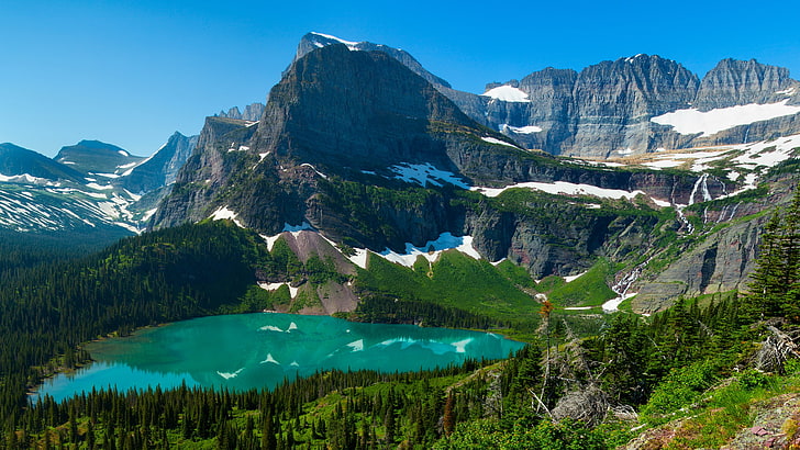 grinnell glacier, wilderness, mount scenery, mountain, grinnell lake