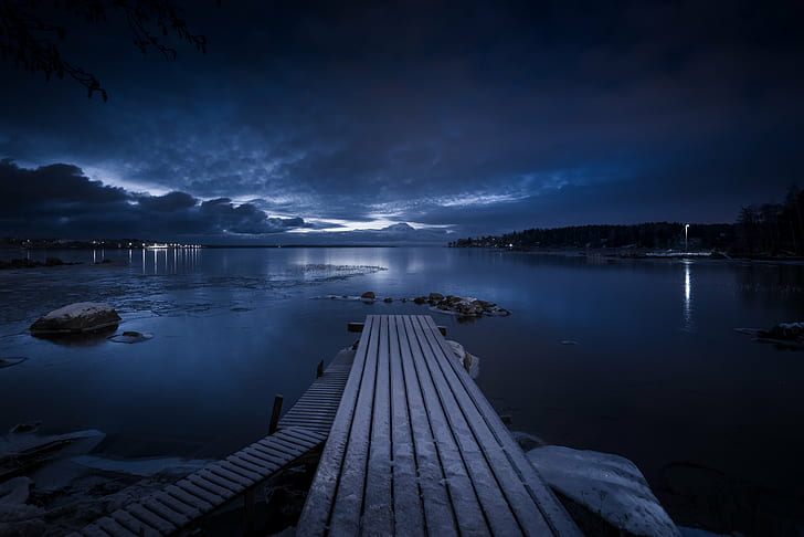 brown wooden dock under black sky during night time, Snowy, nikon  d600, HD wallpaper