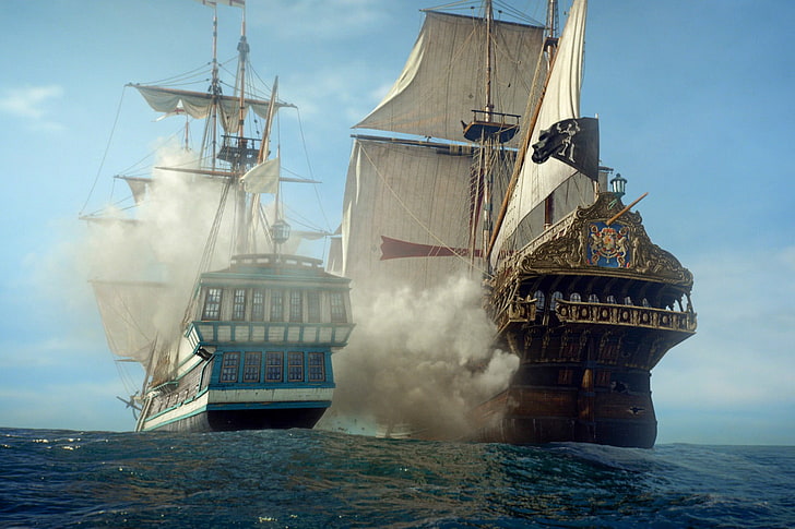 two blue and brown galleon ships, Black Sails, pirates, Starz