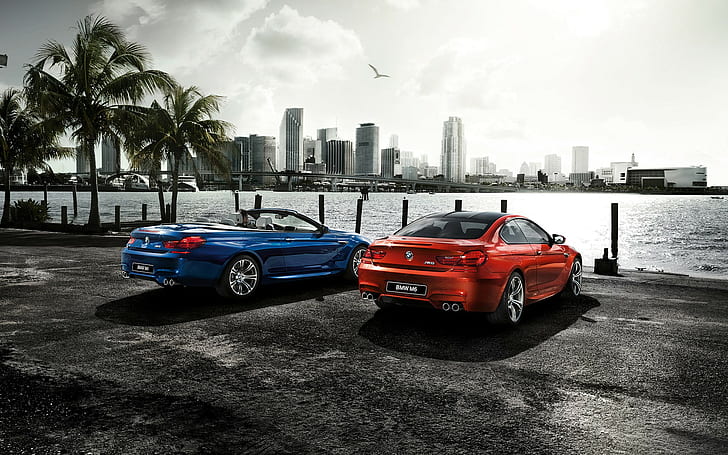 2015, BMW, M6, F13, one blue convertible and one red sedan, Cars s HD, HD wallpaper