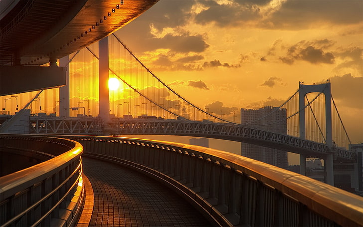 brown and black wooden table, bridge, sunset, cityscape, road