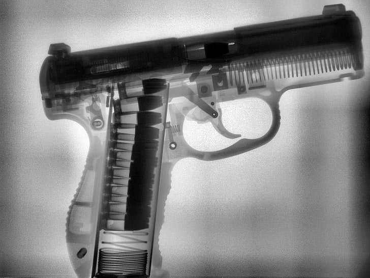 semi-automatic pistol, x-rays, weapon, indoors, close-up, gun