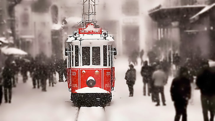 shallow focus photo of red and white train, Turkey, tram, snow, HD wallpaper