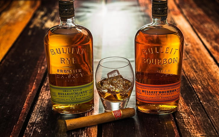 Whiskey Bottles and Cigar, 2 bulleit bourbon frontier, glass
