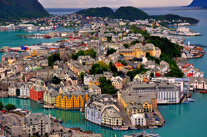 alesund, boat, bridge, harbor, houses, island, landscape, mountains, HD wallpaper