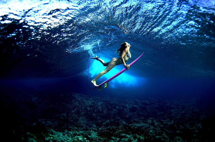 women, water, surfers, underwater, surfboards, sea, waves, undersea