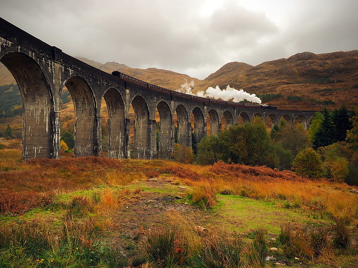 train, valley, Glenfinnan Viaduct, HD wallpaper