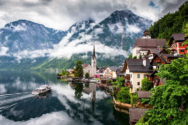 white and brown houses, clouds, mountains, nature, the city, lake