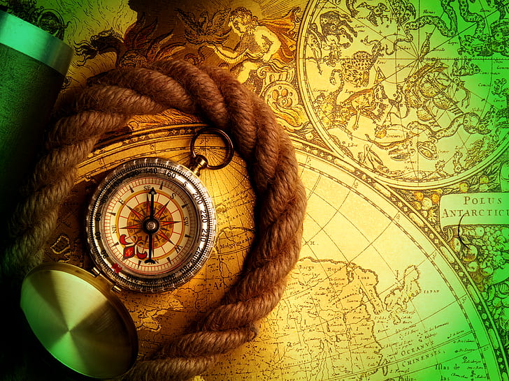 adventure, compass, map, rose, treasure, HD wallpaper