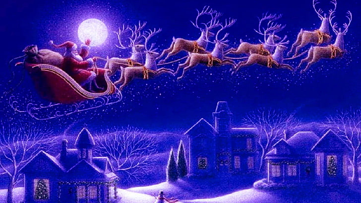santa claus, sleigh, christmas, reindeer, greeting card, celebration, HD wallpaper