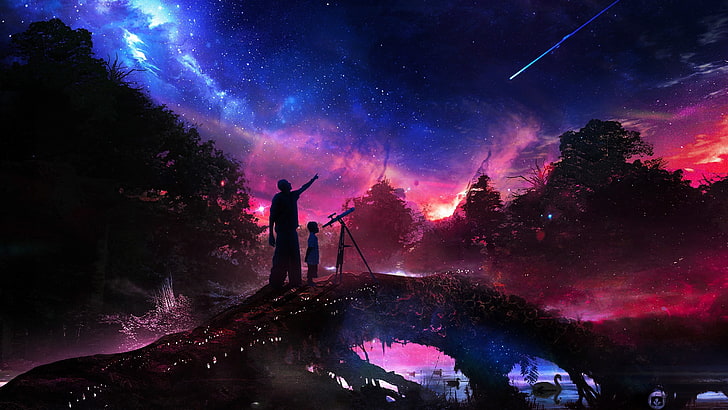 father and child painting, artwork, fantasy art, stars, swamp, HD wallpaper