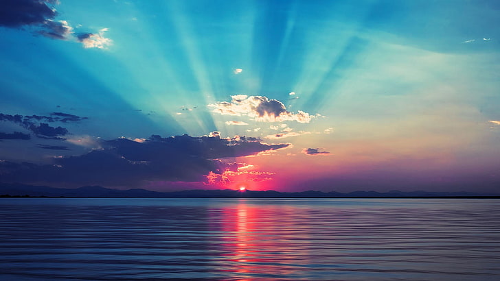 blue body of water, Sun, sea, sunlight, sky, nature, horizon, HD wallpaper