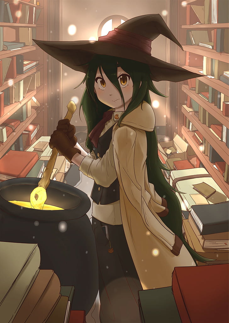 anime, anime girls, witch, witch hat, long hair, green hair